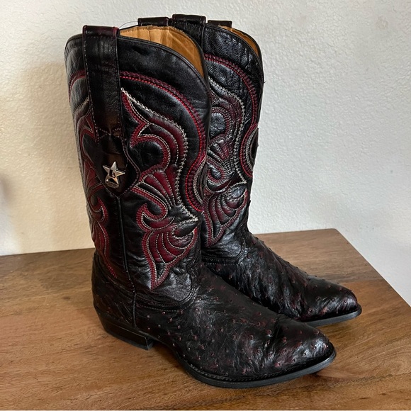 Los Altos Boots Ostrich Black Cherry Pointed Toe Cowboy Boots Size 7 - Picture 10 of 17